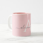 Witte Roze Naam Initiaal Elegante Script Tweekleurige Koffiemok (Voorkant links)