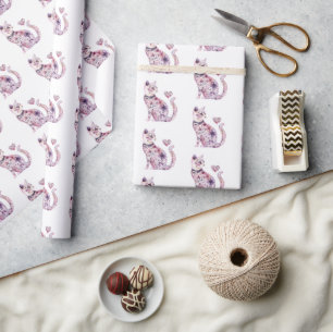 Witte Roze Paarse Harten Bloemrijke Kat Verjaardag Cadeaupapier