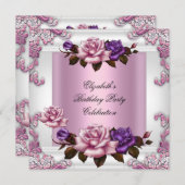 Witte roze Paarse Rozen Elegant Birthday Party Kaart (Voorkant / Achterkant)
