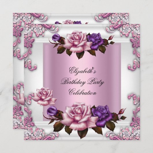 Witte roze Paarse Rozen Elegant Birthday Party Kaart (Voorkant / Achterkant)