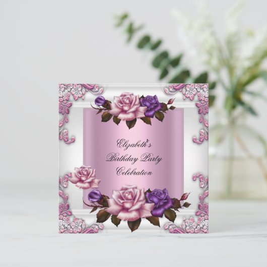 Witte roze Paarse Rozen Elegant Birthday Party Kaart (Staand voorkant)