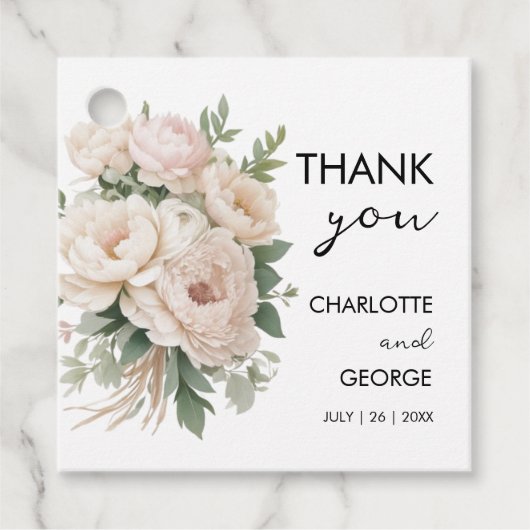 Witte Roze Pioenen Bloemen Rustieke Bruiloft Gunst Bedankjes Labels (Voorkant)