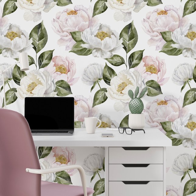 Witte & Roze Pioenen Bloemen Waterverf Botanisch Behang (White & Pink Peonies Floral Watercolor Botanical Wallpaper (Office))