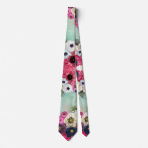WITTE ROZE ROZEN, ANEMONEBLOEMEN TEAL AQUA BLAUW STROPDAS