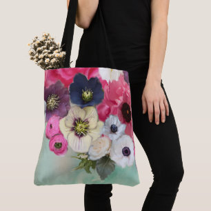 WITTE ROZE ROZEN, ANEMONEBLOEMEN, TEAL AQUA BLAUW TOTE BAG