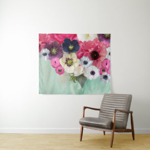 WITTE ROZE ROZEN , ANEMOONBLOEMEN , TEAL AQUA BLAU WANDKLEED