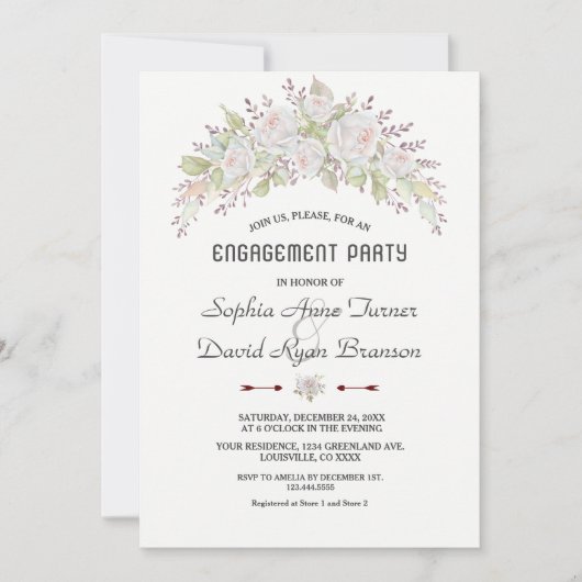 Witte Roze Rozen Burgundy Verlovingsfeest Kaart (Voorkant)