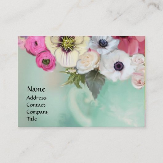 WITTE ROZE ROZEN EN ANEMONE BLOEMEN VISITEKAARTJE (Voorkant)