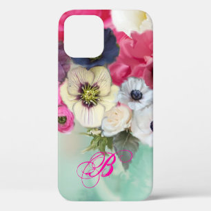 WITTE ROZE ROZEN EN ANEMONEBLOEMEN MONOGRAM iPhone 12 HOESJE