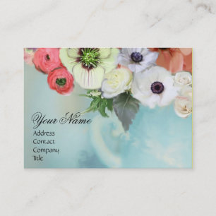 WITTE ROZE ROZEN EN ANEMONEBLOEMEN MONOGRAM VISITEKAARTJE