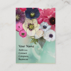 WITTE ROZE ROZEN EN ANEMONEBLOEMEN MONOGRAM VISITEKAARTJE