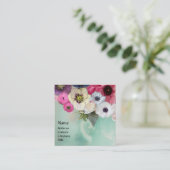 WITTE ROZE ROZEN EN ANEMONEBLOEMEN VIERKANTE VISITEKAARTJE (Staand voorkant)