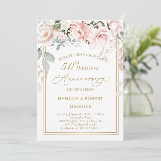 Witte roze rozen rozen Jubileum van 50e bruiloft u Save The Date (Staand voorkant)