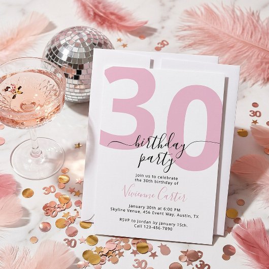 Witte Roze Script 30e Verjaardagsfeestje Kaart
