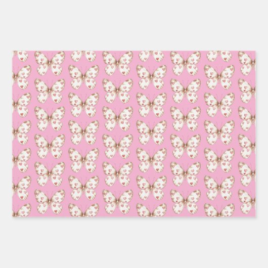 Witte Roze Vlinder Harten Verjaardag Inpakpapier Vel (Voorkant 3)