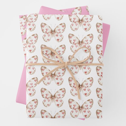 Witte Roze Vlinder Harten Verjaardag Inpakpapier Vel (In situ)