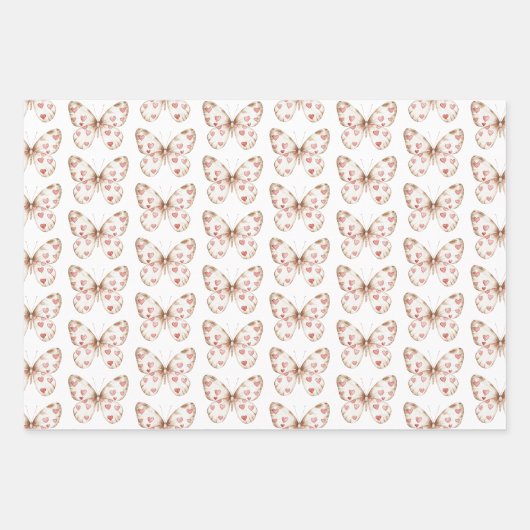 Witte Roze Vlinder Harten Verjaardag Inpakpapier Vel (Voorkant)