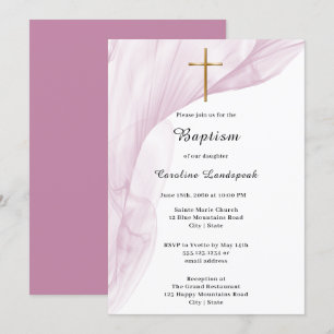 Witte, Roze Voile & Gouden Kruis Doop Kaart