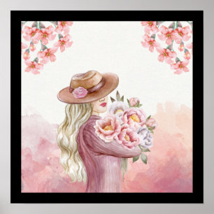 witte, roze waterverf Dame Floral schoonheid Poster