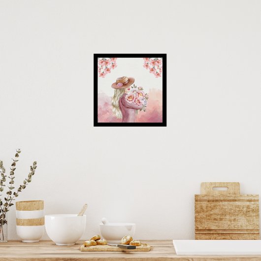 witte, roze waterverf  Dame Floral schoonheid Poster (Keuken)