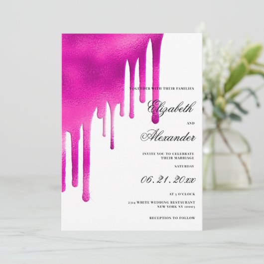 Witte, roze waterverf gradiënt druipt bruiloft kaart (Staand voorkant)