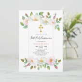 Witte, roze wild hond roos florale Eerste Communie Kaart (Staand voorkant)