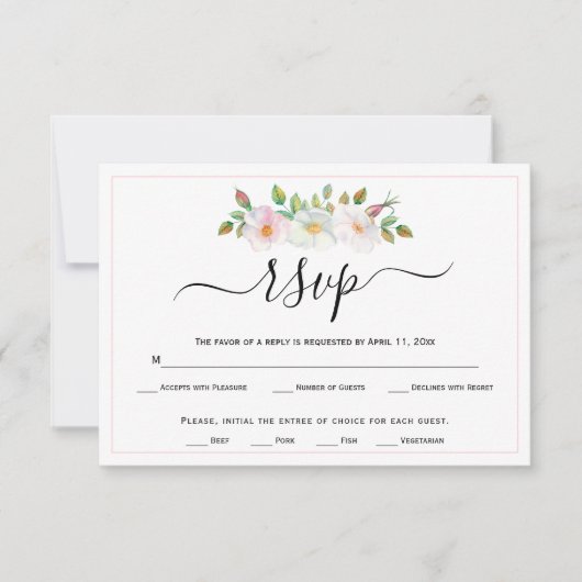 Witte, roze wild roos florale bruiloft RSVP (Voorkant)