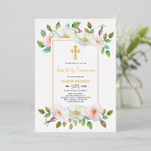 Witte, roze wilde roos bloemig meisje Eerste Heili Folie Uitnodiging (Staand Voorkant)