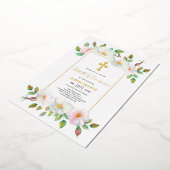 Witte, roze wilde roos bloemig meisje Eerste Heili Folie Uitnodiging (Gedraaid)