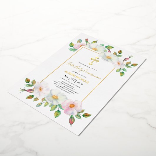 Witte, roze wilde roos bloemig meisje Eerste Heili Folie Uitnodiging (Gedraaid)