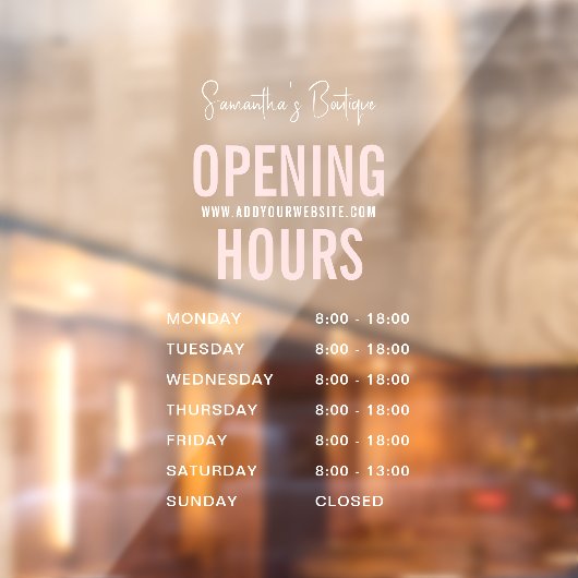 Witte & Roze Zakelijke Openingstijden Modern Raamsticker (Vel 2)
