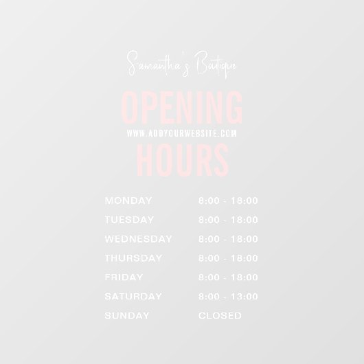 Witte & Roze Zakelijke Openingstijden Modern Raamsticker (Vel)