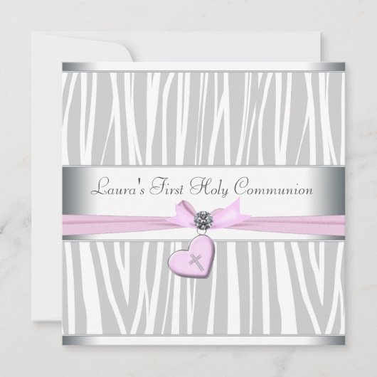 Witte Roze Zebra Hart Roze Kruis Eerste Communie Kaart (Voorkant)