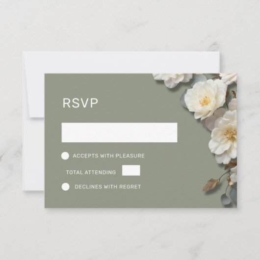Witte rozen 3D bloemen RSVP Kaartje (Voorkant)
