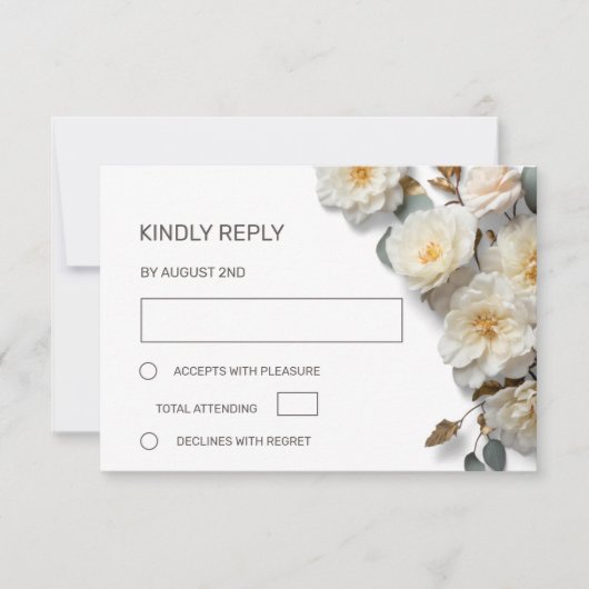 Witte Rozen 3D Bloemen RSVP Kaartje (Voorkant)