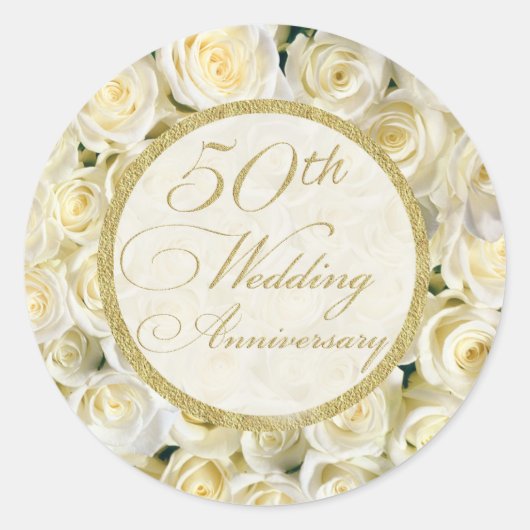 Witte rozen 50th Wedding Jubileum Ronde Sticker (Voorkant)