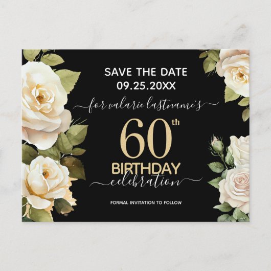 Witte Rozen 60e Verjaardag Save the Date-ansichtka Briefkaart (Voorkant)