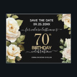 Witte Rozen 70e Verjaardag Save the Date Postkaart<br><div class="desc">Witte rozen waterverf 70e verjaardagsfeest. Elegant bloemendesign voor elk verjaardagsfeest. Eenvoudig aan te passen met sjabloon. Prachtig save the date verjaardagsontwerp. Eenvoudig chic modern elegant trendy waterverf bloemendesign</div>