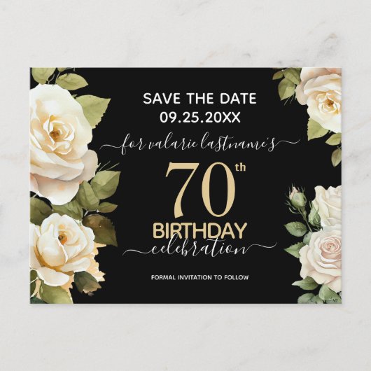Witte Rozen 70ste Verjaardag Save the Date Postkaa Briefkaart (Voorkant)