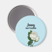  witte rozen aangepaste naam op blauw magneet (Voorkant / Achterkant)