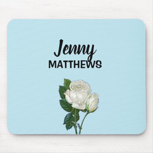 witte rozen aangepaste naam op blauw muismat (Voorkant)