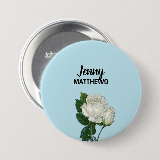 witte rozen aangepaste naam op blauw ronde button 7,6 cm (Voorkant /achterkant)