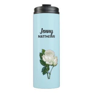  witte rozen aangepaste naam op blauw thermosbeker