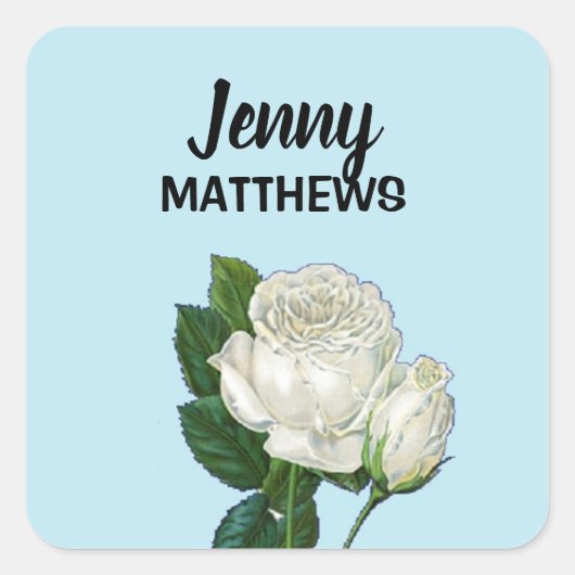  witte rozen aangepaste naam op blauw vierkante sticker (Voorkant)