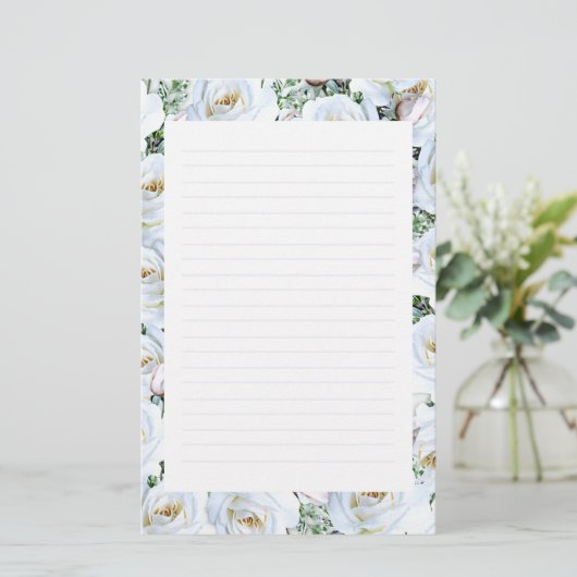 Witte rozen Achtergrond 1 Stationery Lined Briefpapier (Staand voorkant)