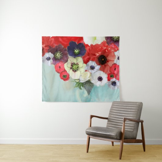 WITTE ROZEN , ANEMOONBLOEMEN , TEAL AQUA BLAUW WANDKLEED (In Situ (horizontaal))