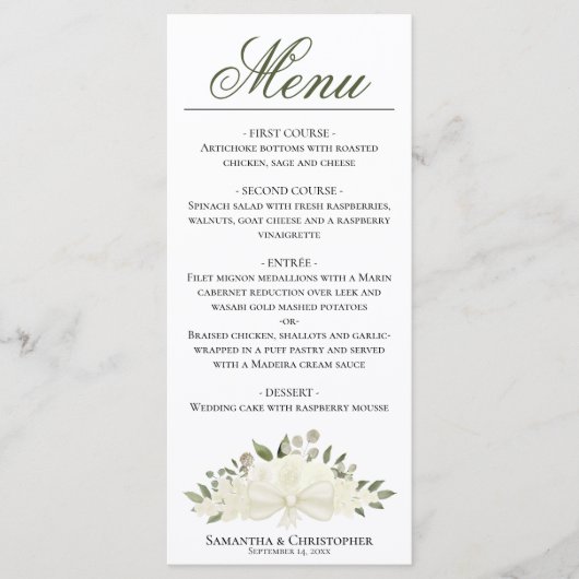 Witte Rozen Aquarel Bloemrijke Elegante Bruiloft Menu (Voorkant)