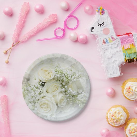 Witte rozen, babybloemen papieren bordje (Feest)