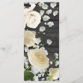 Witte rozen & baby's adem op houten trouwmenu menu (Achterkant)