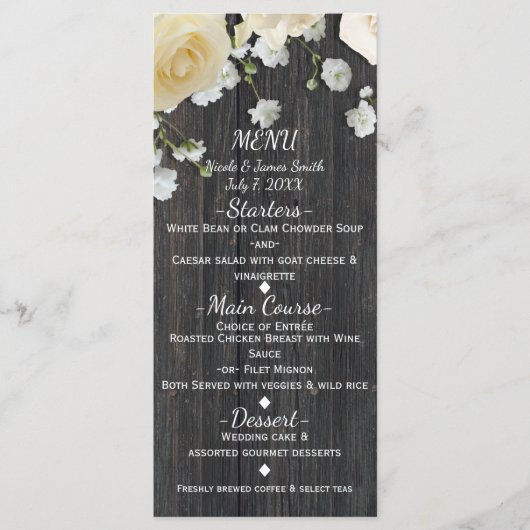 Witte rozen & baby's adem op houten trouwmenu menu (Voorkant)